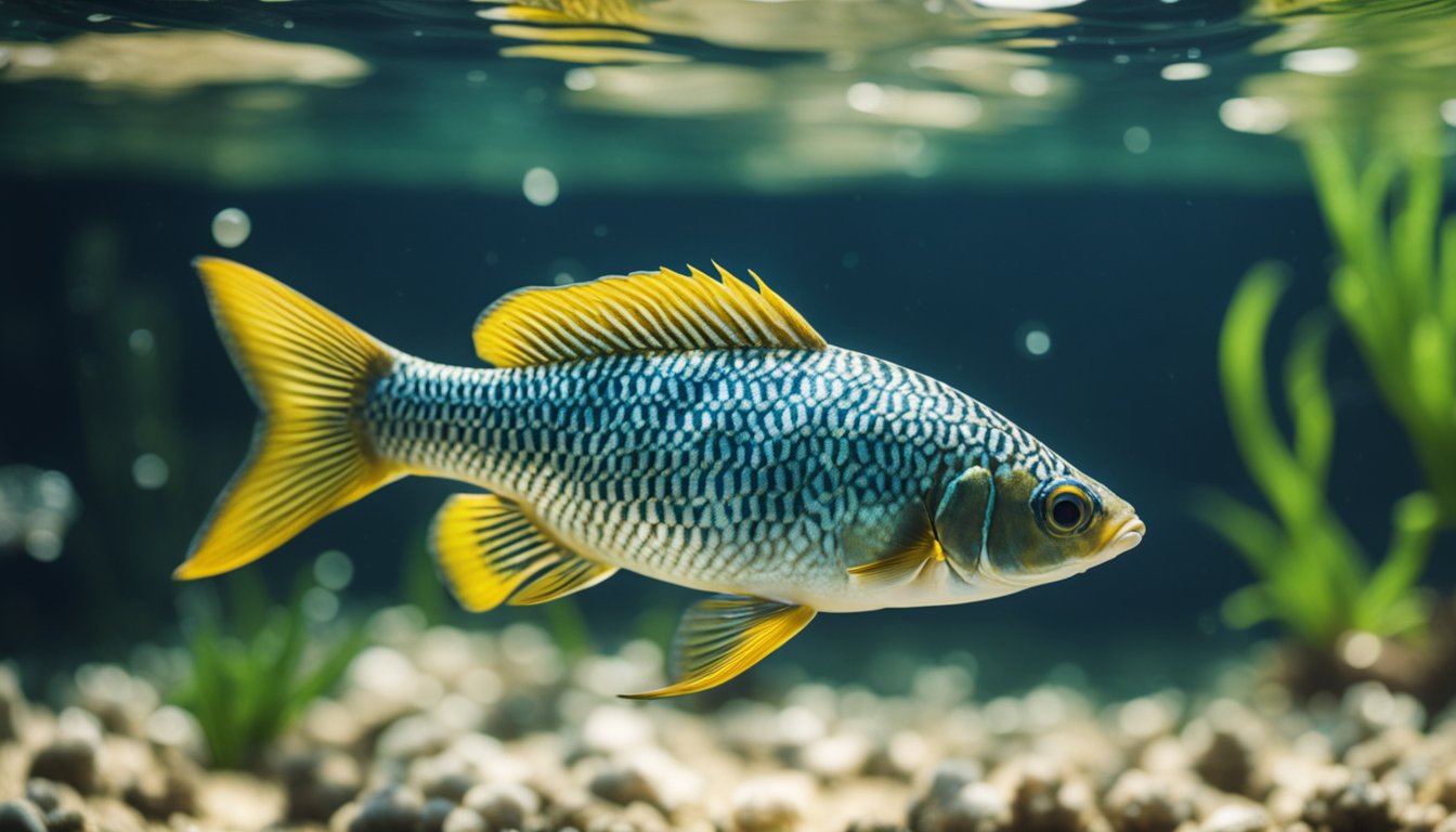 A koduva fish swims gracefully through the clear, shimmering waters, its scales reflecting the sunlight as it glides effortlessly through the underwater world