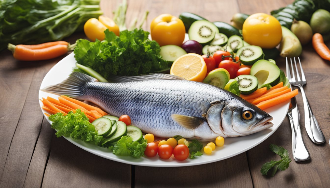 A plate of koduva fish surrounded by colorful vegetables and fruits, with a chart showing its nutritional profile and health benefits