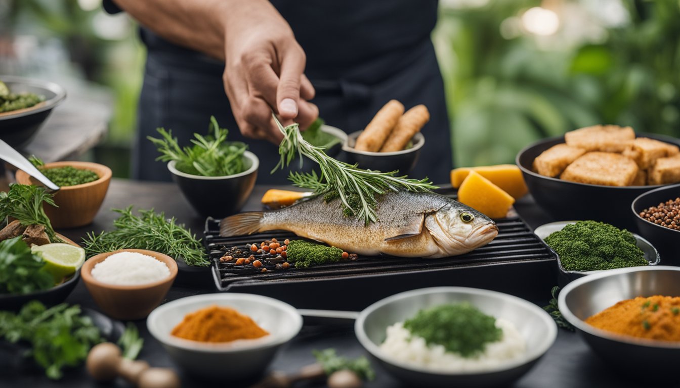 A chef seasoning and grilling koduva fish with herbs and spices, surrounded by various ingredients and cooking utensils