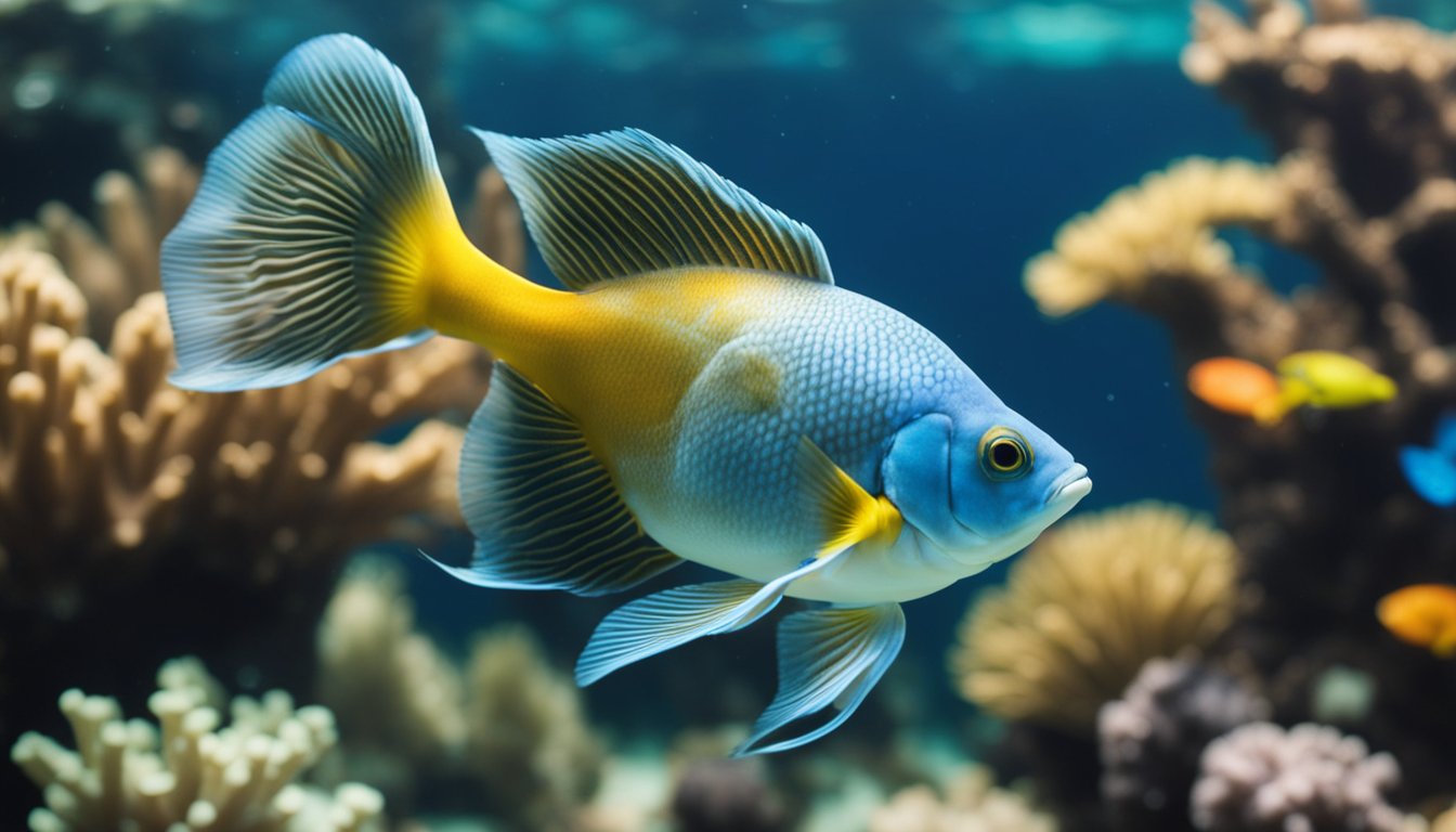 A koduva fish swimming gracefully in clear, blue waters, surrounded by colorful coral and other marine life