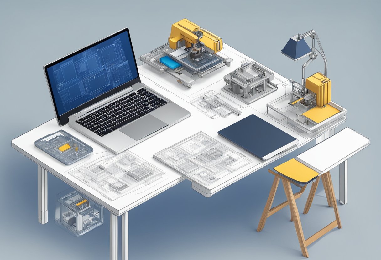 A table with a laptop, 3D printer, and engineering tools. A person uses CAD software on the laptop. Blueprints and technical manuals are scattered around