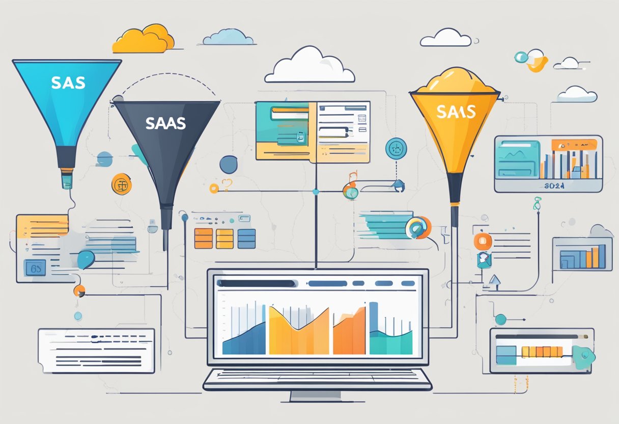 A computer screen displaying a SaaS sales funnel with leads being nurtured and followed up, showing the progression from awareness to conversion in 2024