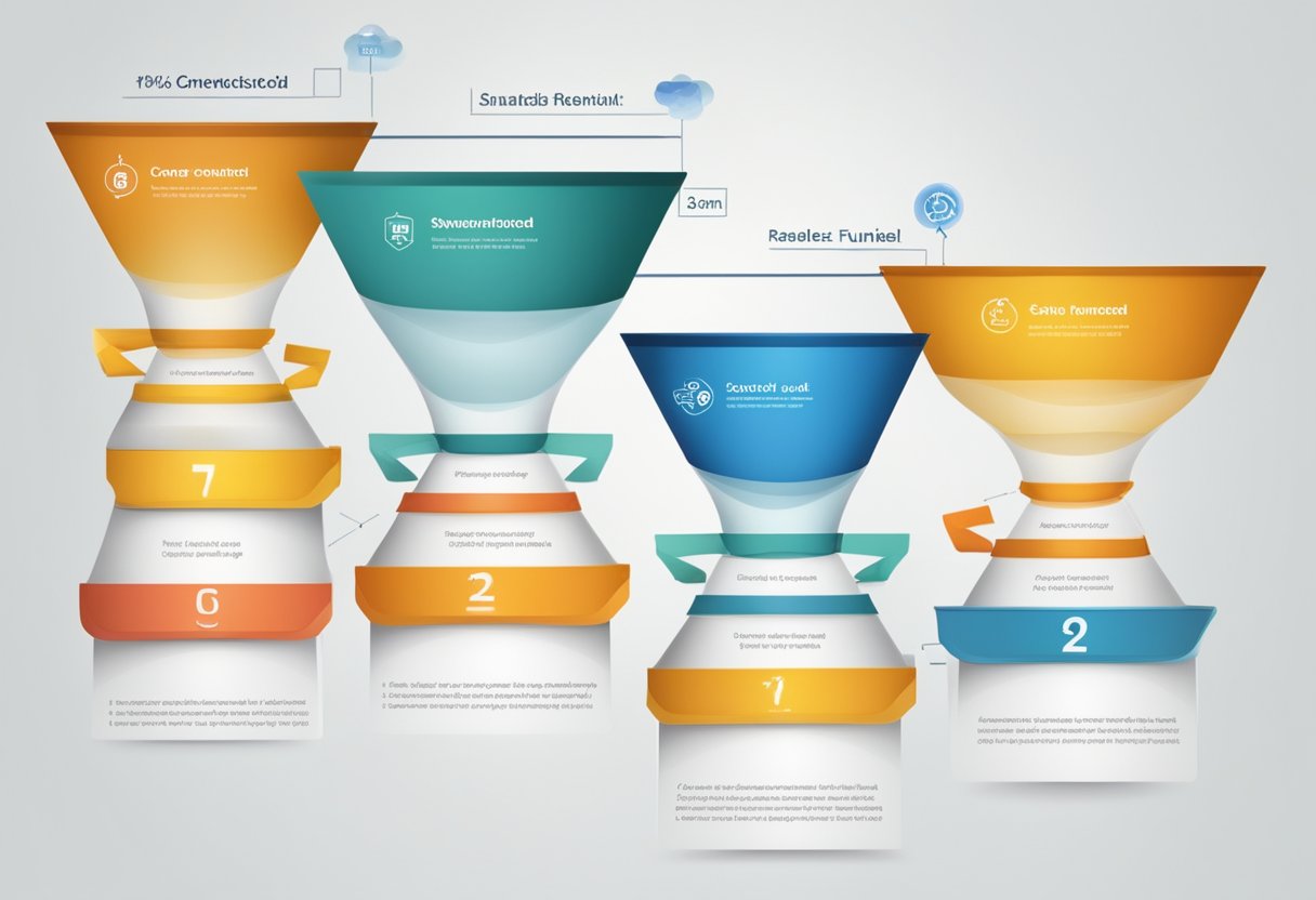 A series of interconnected funnels, each labeled with a stage of the sales process, leading to a centralized point representing conversion. The funnels gradually narrow, symbolizing the narrowing down of potential customers