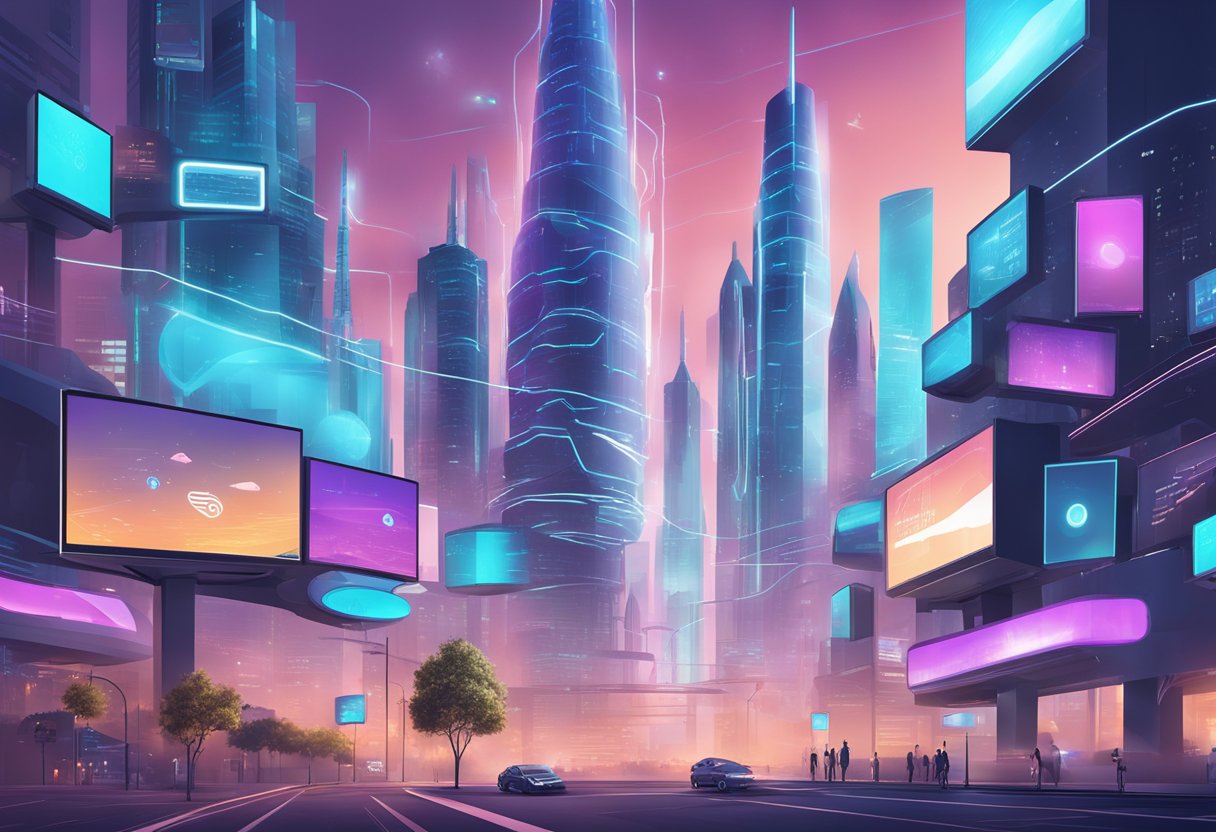 A futuristic cityscape with digital billboards showcasing "SaaS Sales Funnel in 2024" against a backdrop of advanced technology and innovation