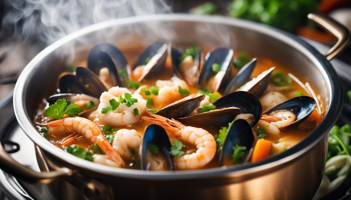 A steaming pot of Korean seafood soup simmers on a stove, filled with shrimp, mussels, and vegetables in a rich, flavorful broth