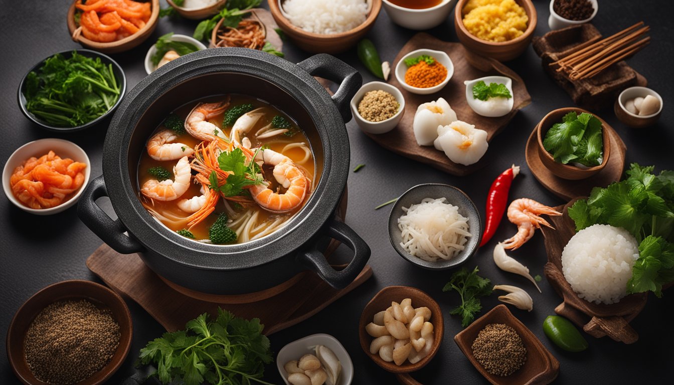 A steaming pot of Korean seafood soup surrounded by fresh ingredients and traditional Korean spices