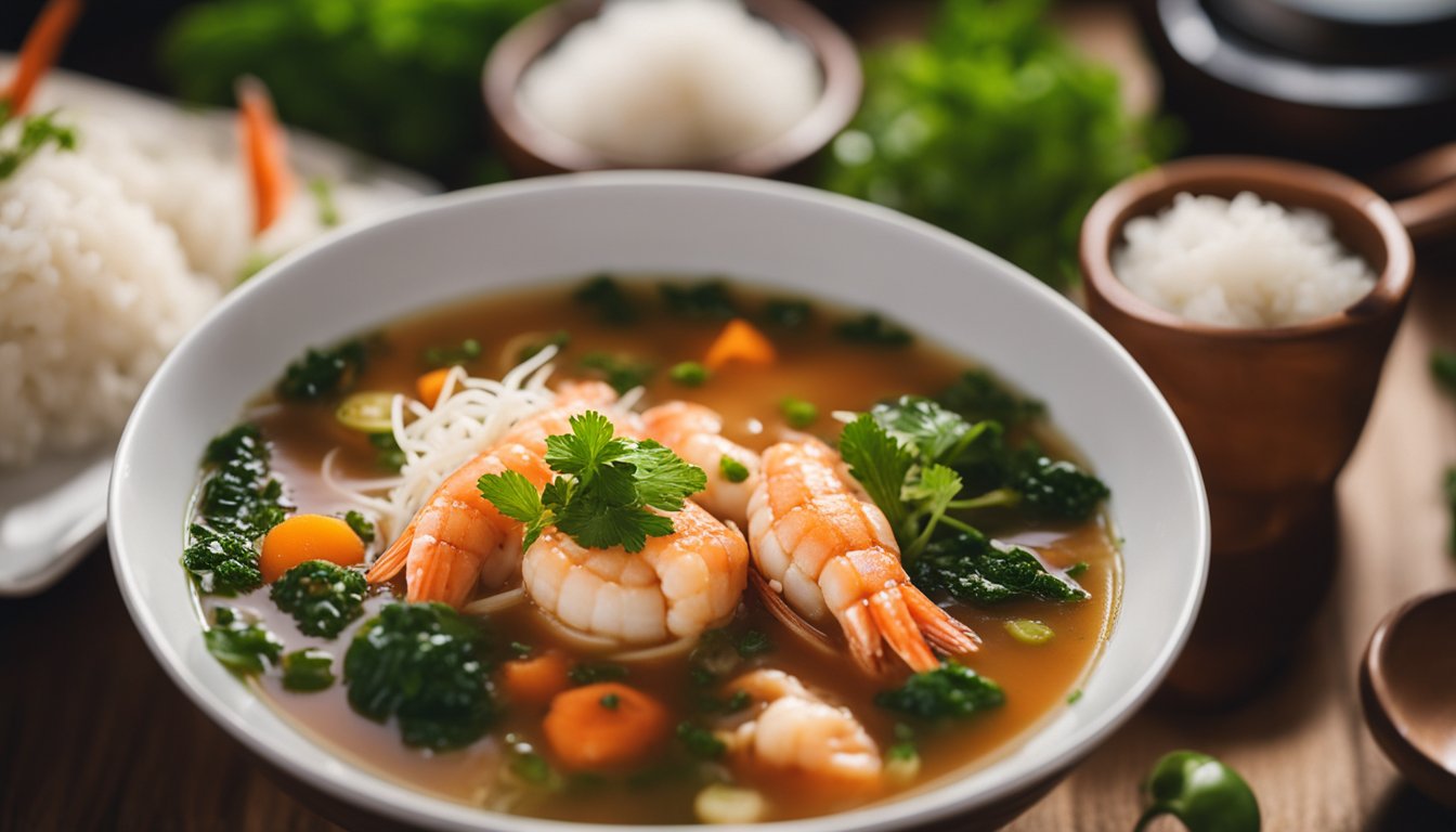A pot of bubbling Korean seafood soup being served into a bowl, garnished with fresh herbs and accompanied by a side of steamed rice