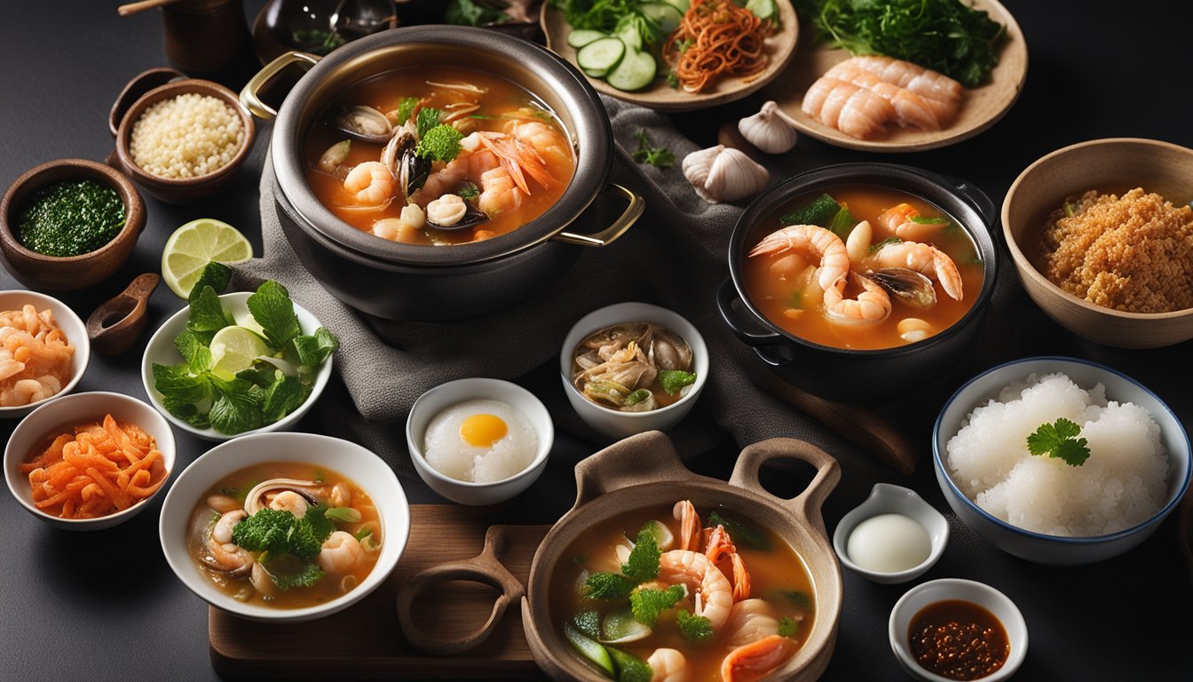 A steaming pot of Korean seafood soup surrounded by various ingredients and condiments on a kitchen counter