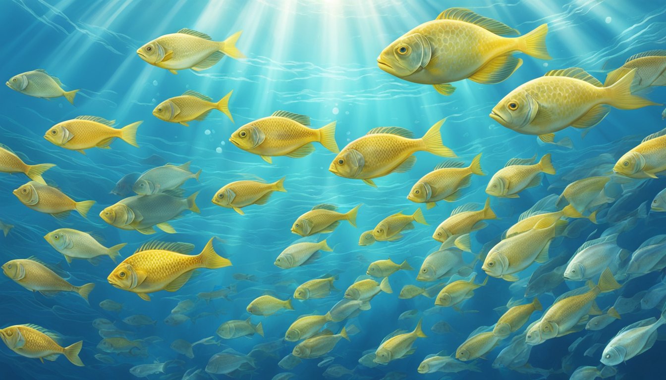 A school of kurau fish swimming in a clear, blue ocean, with sunlight streaming through the water