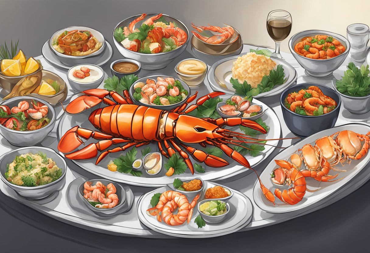 A table set with a variety of seafood dishes, including lobster, crab, and prawns, with vibrant garnishes and elegant plating at KSL Seafood Restaurant in Singapore