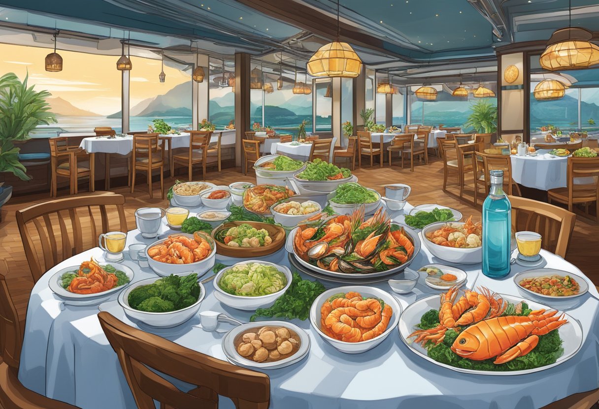 A table set with fresh seafood dishes, surrounded by vibrant decor and bustling atmosphere of KSL Seafood Restaurant in Singapore