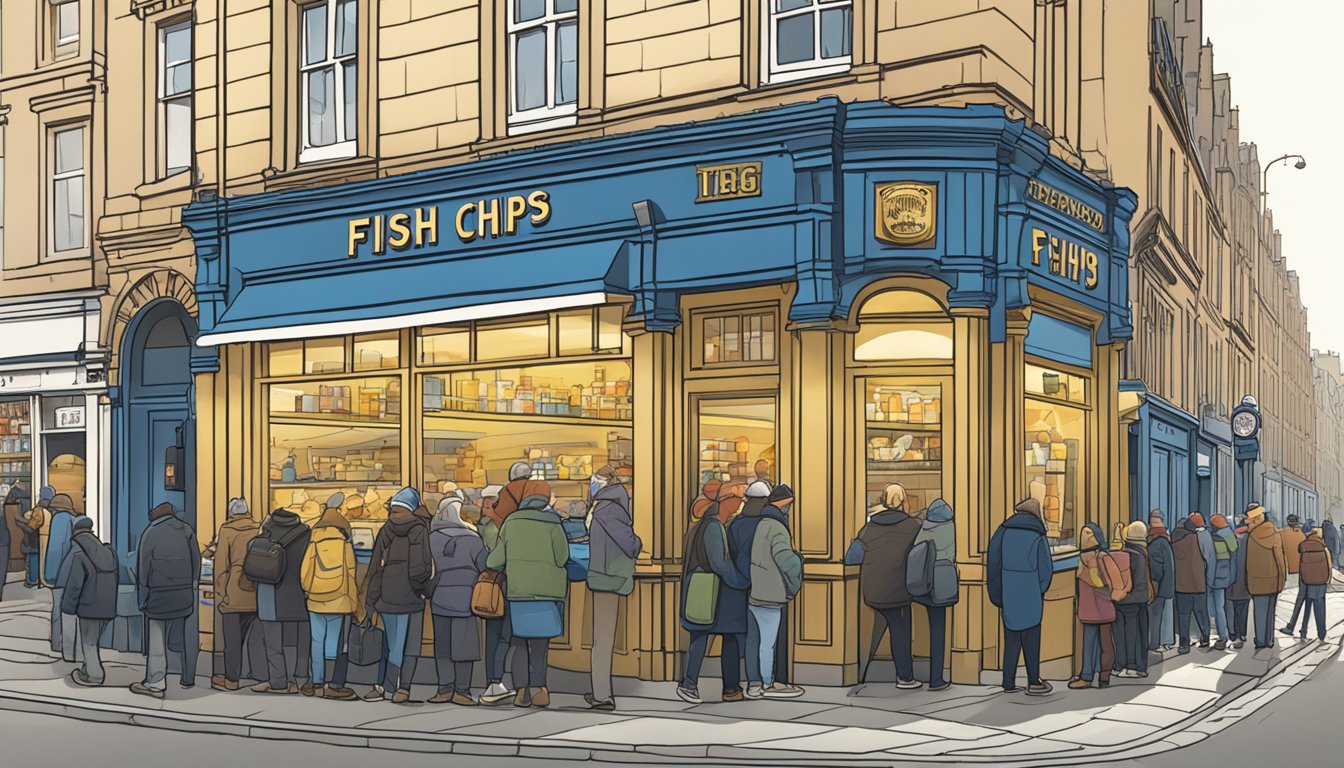 A bustling fish and chips shop in Edinburgh, with golden light streaming through the windows as customers line up to place their orders