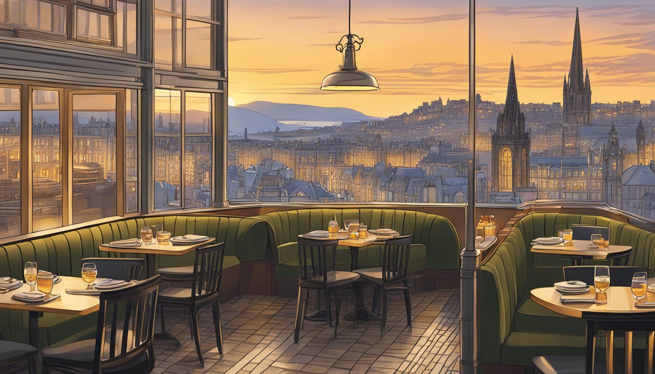 A cozy restaurant setting with a golden sunrise, a plate of fish and chips, and the bustling city of Edinburgh in the background
