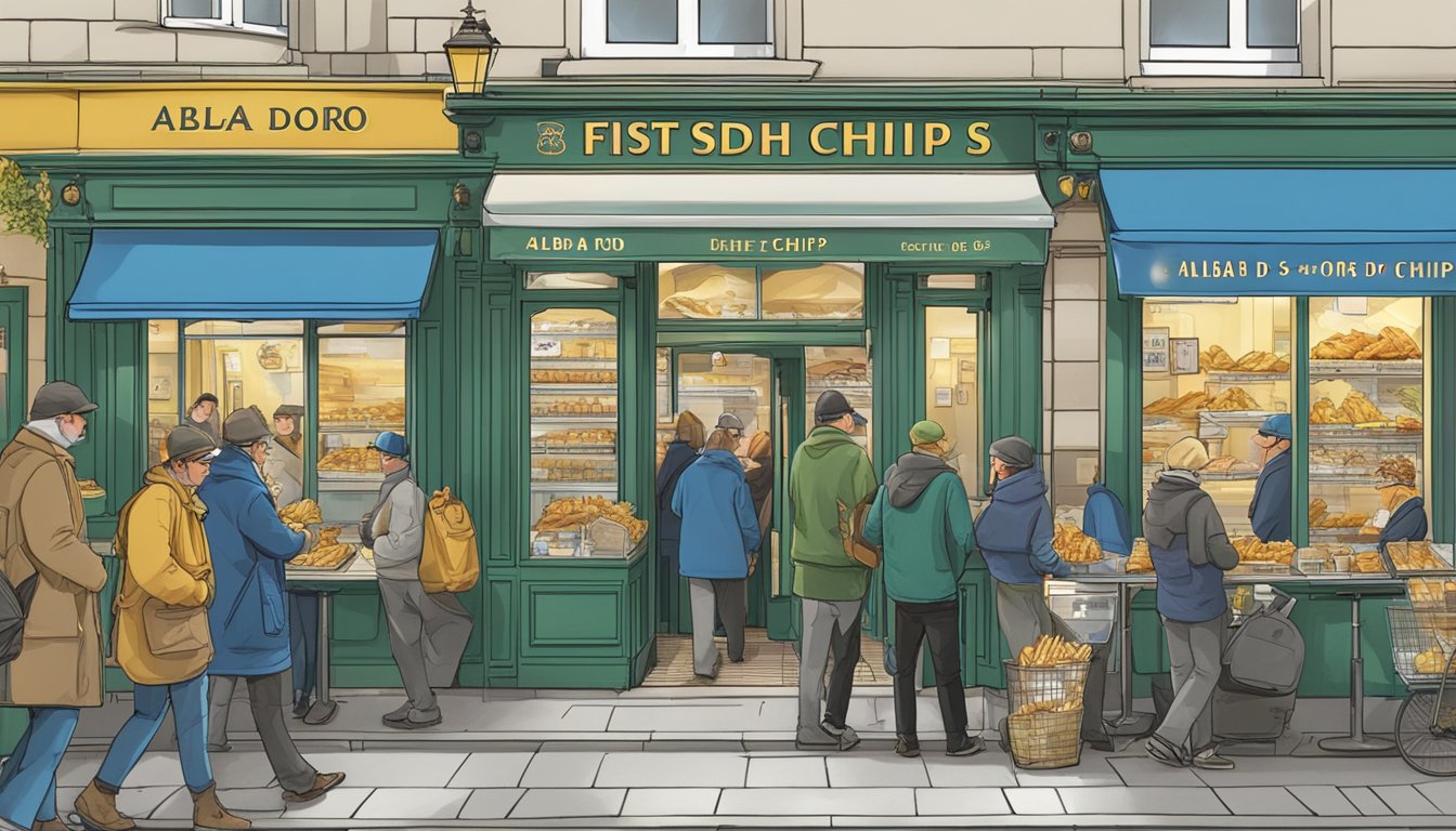 A bustling fish and chips shop, "Alba d'Oro," in Edinburgh, with customers ordering and staff serving food and information