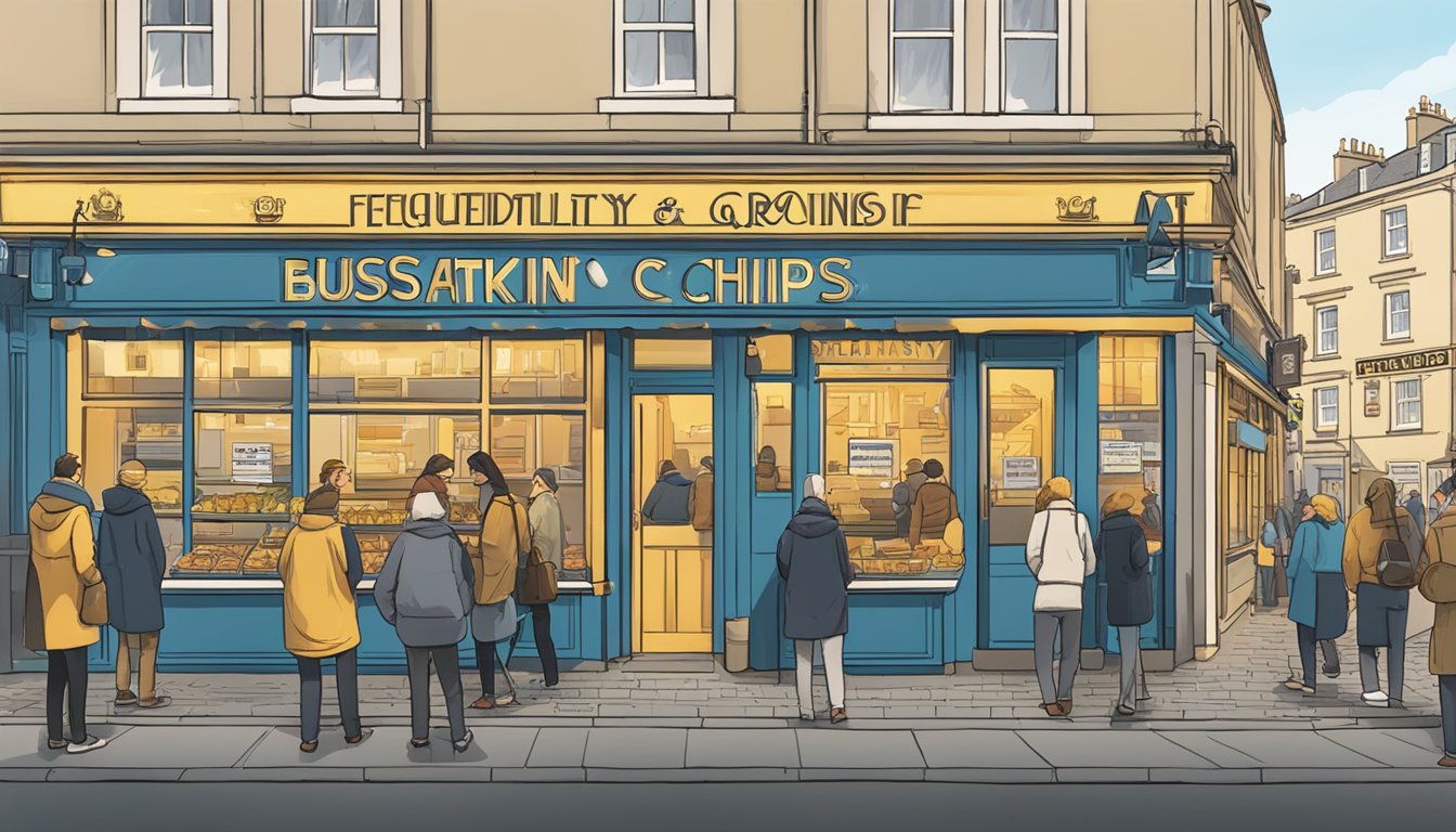 A bustling fish and chips shop in Edinburgh, with a golden sunrise in the background, customers lining up, and a sign reading "Frequently Asked Questions" prominently displayed