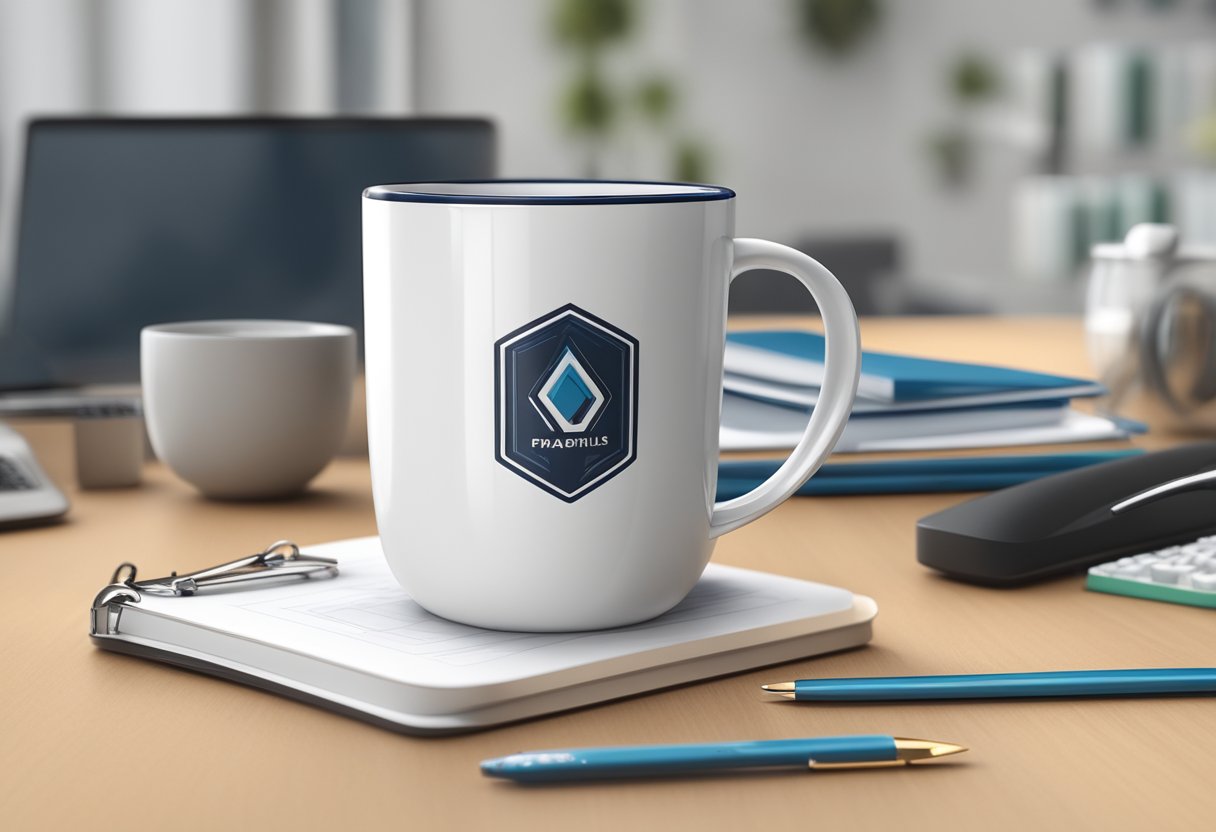 A sturdy anti-fall mug with a sleek corporate design, adorned with a logo, sits on a desk surrounded by office supplies