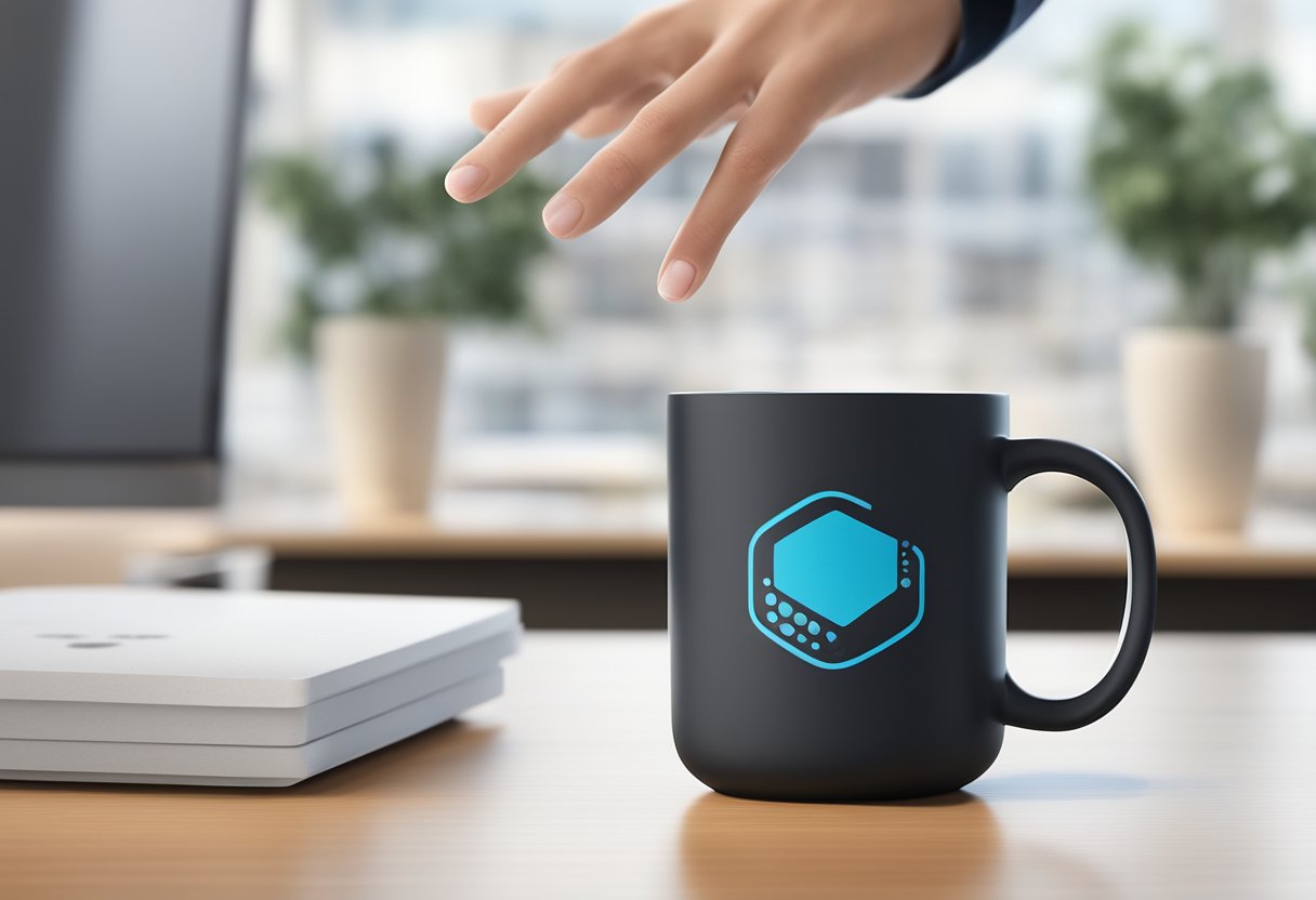 A sleek, modern mug with a rubberized bottom sits on a desk, customized with a company logo. It is shown in mid-air, with a hand releasing it to demonstrate its anti-fall feature