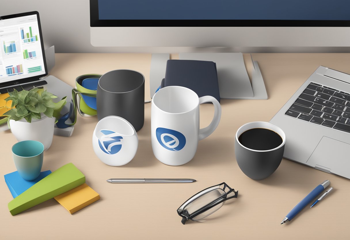A branded anti-fall mug with FAQ logo sits on an office desk, surrounded by corporate gift items