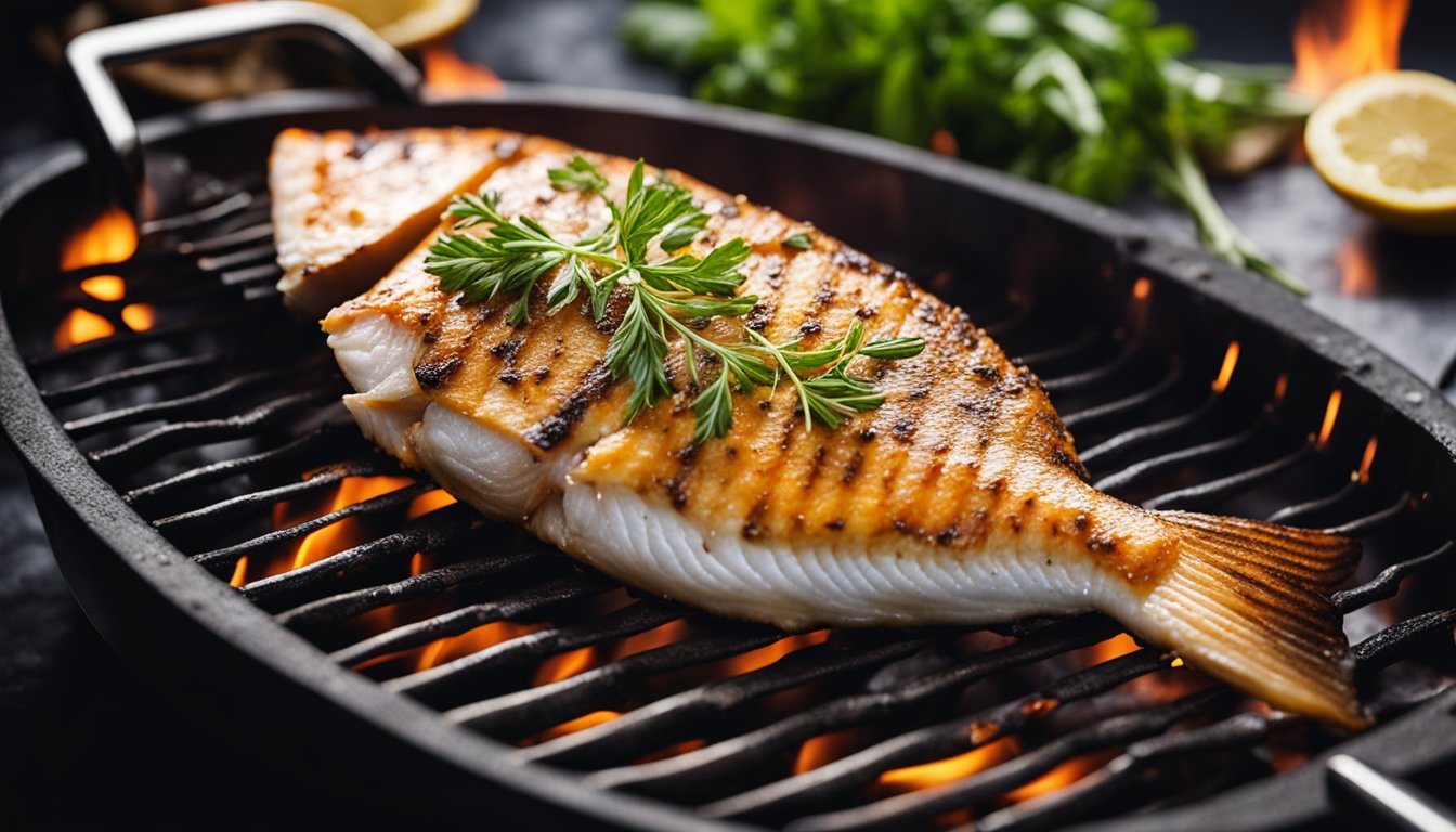 A fish being seasoned and placed on a grill over an open flame, surrounded by herbs and spices