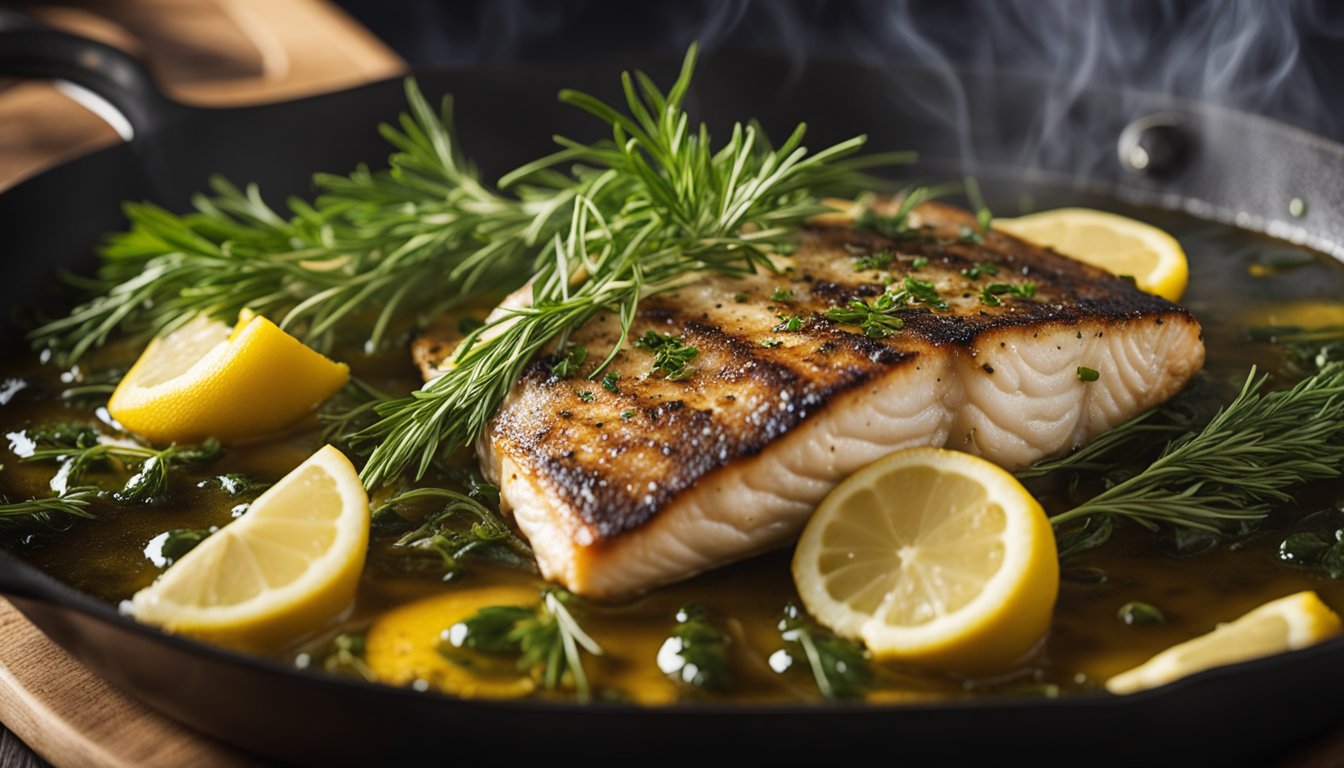 A skillet sizzles as lady fish fillets are seared in olive oil. Fresh herbs and lemon slices are scattered over the fish, infusing the air with a tantalizing aroma