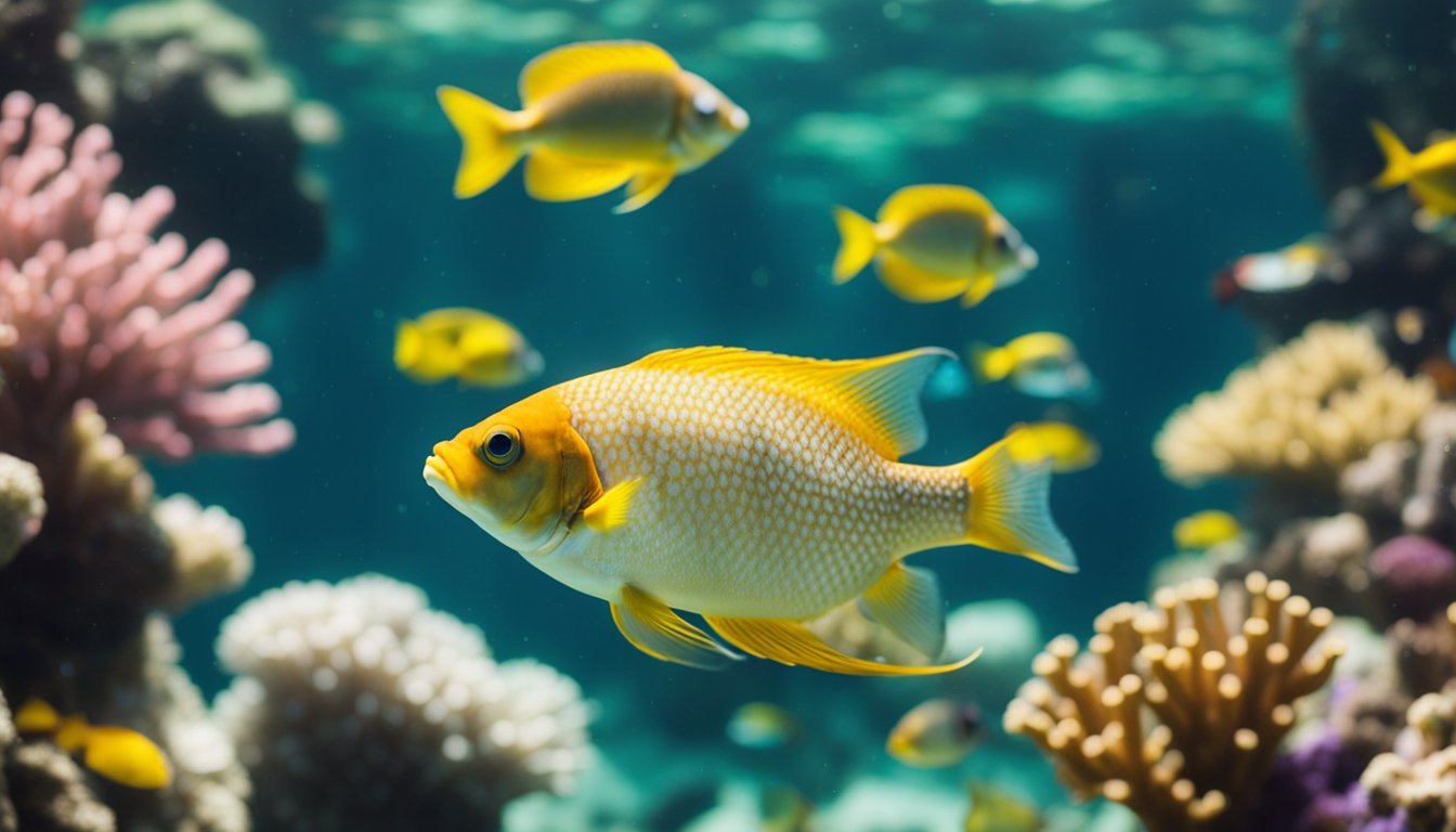 A lady fish swims gracefully in a clear, tranquil ocean, surrounded by vibrant coral and other marine life. The sunlight creates a shimmering effect on the water, highlighting the beauty of the underwater world