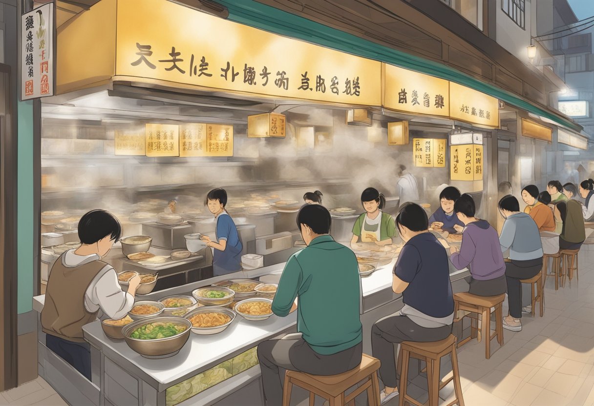 Customers enjoying steaming bowls of Lam's abalone noodles at the bustling outlet, with the savory aroma filling the air