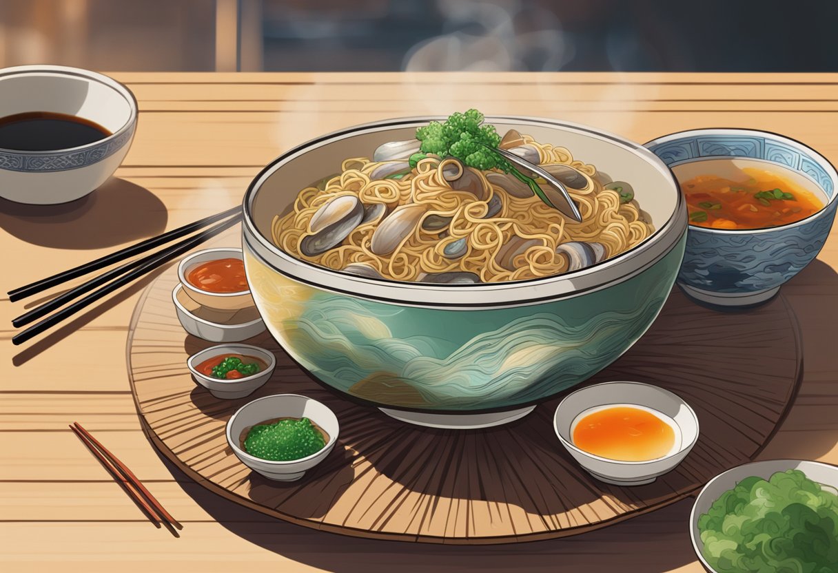 A steaming bowl of Lam's abalone noodles sits on a wooden table, surrounded by chopsticks and a small dish of chili sauce