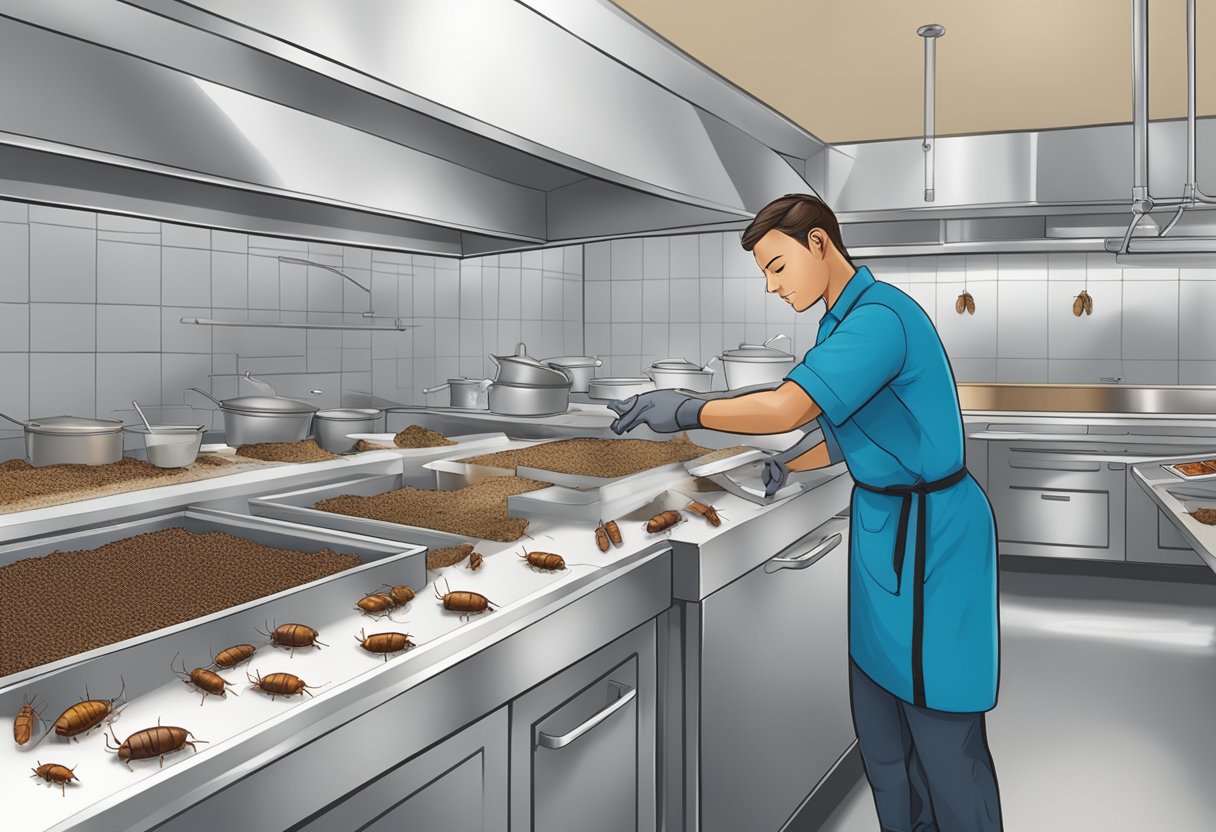 Staff inspecting and identifying cockroach hiding spots, sealing cracks, and setting up traps in a commercial kitchen