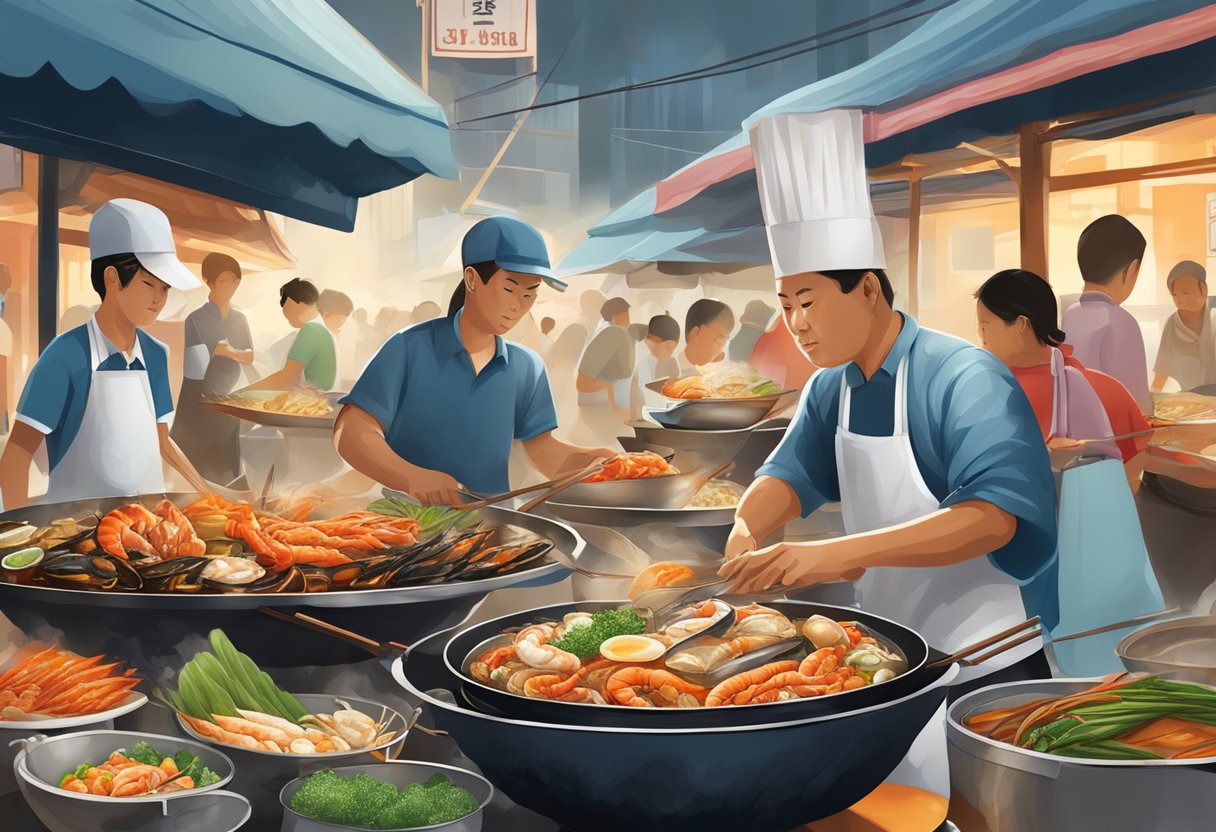 A busy Singapore street vendor layers fresh seafood on a sizzling hot wok