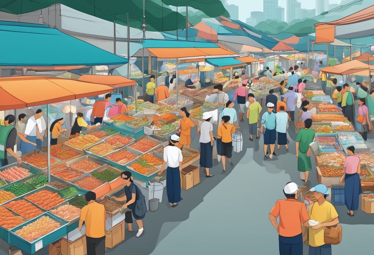 A bustling seafood market in Singapore, with colorful displays of fresh fish, crabs, and prawns. Vendors and customers haggle and chat in the vibrant atmosphere