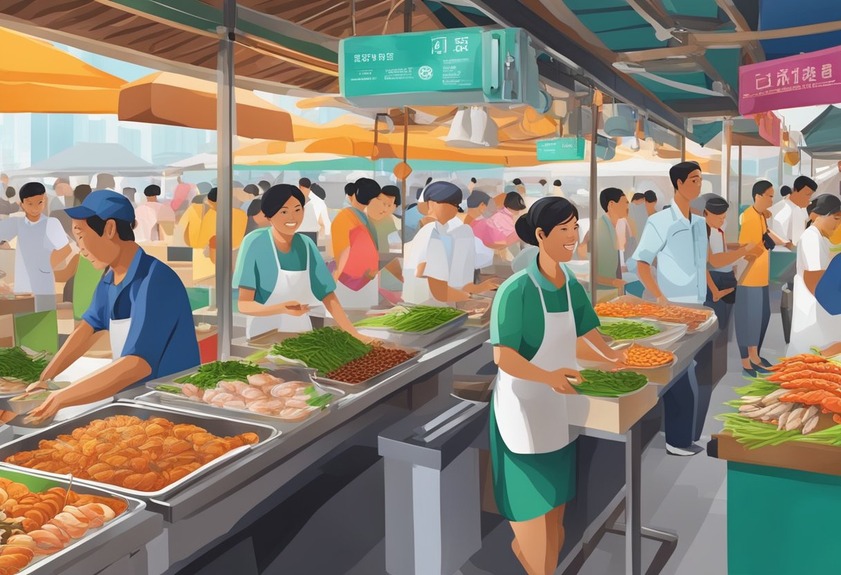 A bustling hawker center in Singapore, with colorful stalls selling fresh seafood dishes and aromatic spices, surrounded by the sights and sounds of a vibrant culinary scene