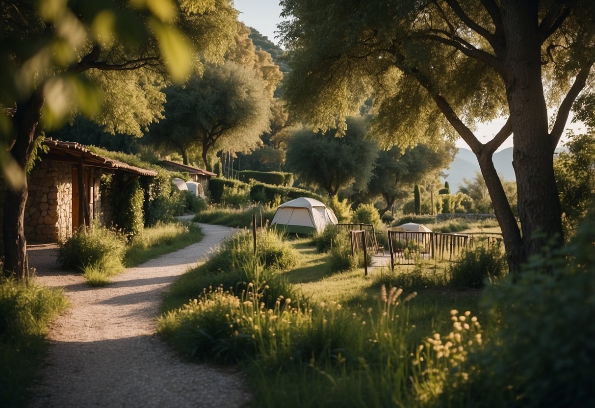 A serene campsite nestled by Lake Garda, with lush greenery and a winding path leading to the entrance
