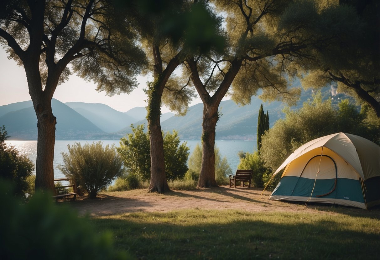 A serene campsite nestled in the lush greenery of Toscolano, overlooking the tranquil waters of Lake Garda. Tall trees, cozy tents, and campfires dot the landscape