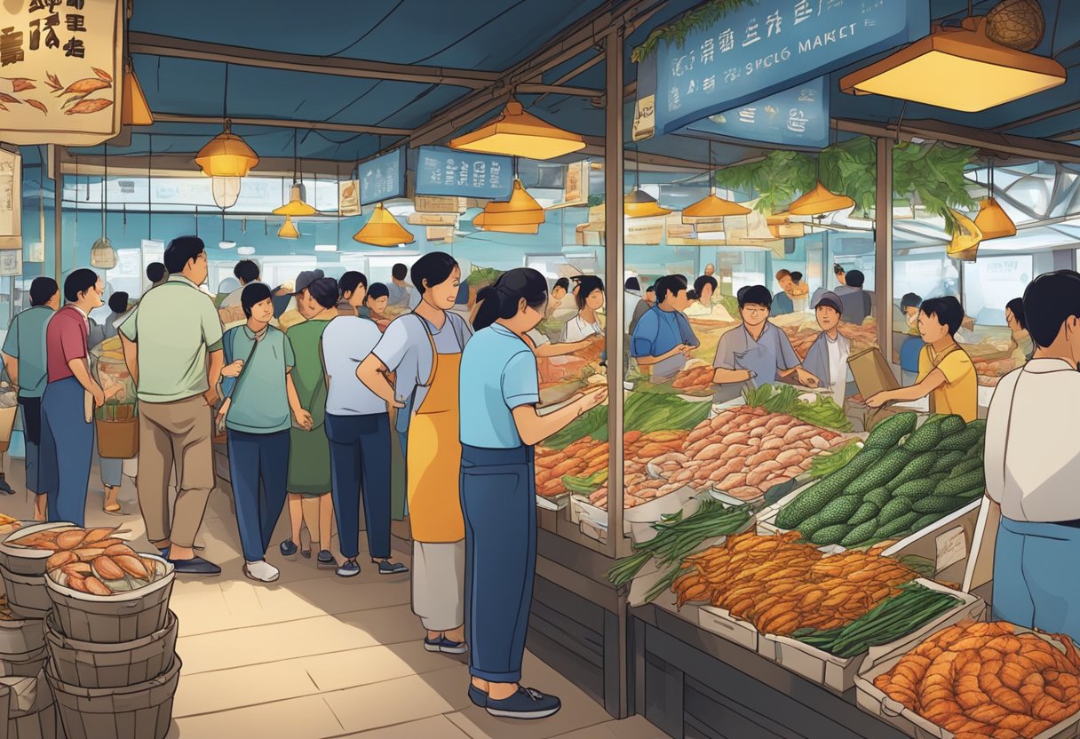 A bustling seafood market in Singapore with customers asking questions at a FAQ booth