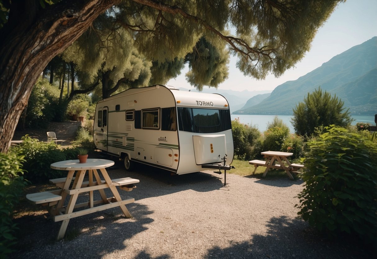 A serene camping site at Toscolano on Lake Garda, with facilities and services nestled among lush greenery and overlooking the crystal-clear waters