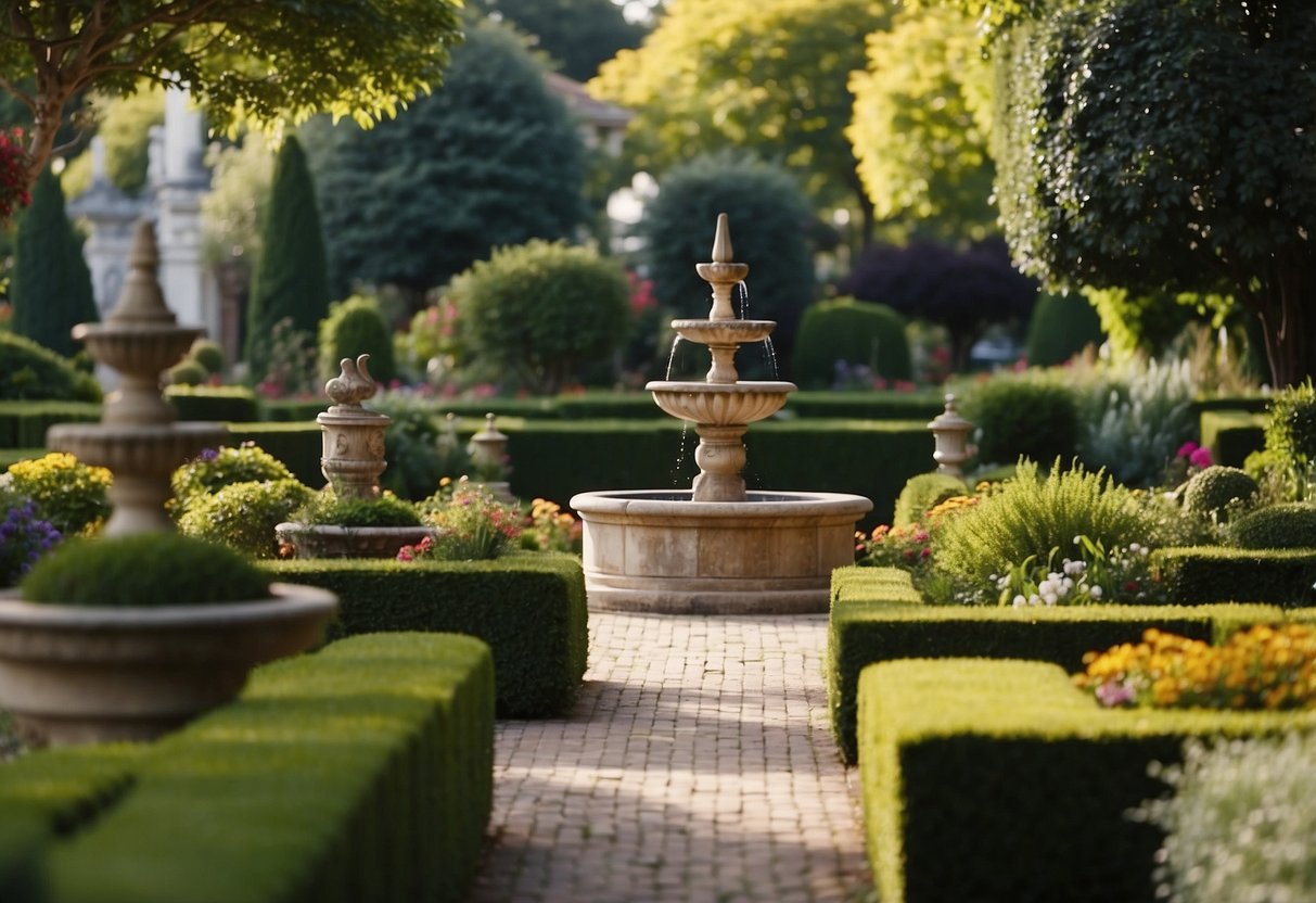 A lush garden with neatly trimmed hedges, colorful flower beds, and a winding stone pathway. A small fountain gurgles in the center, surrounded by benches and ornate sculptures