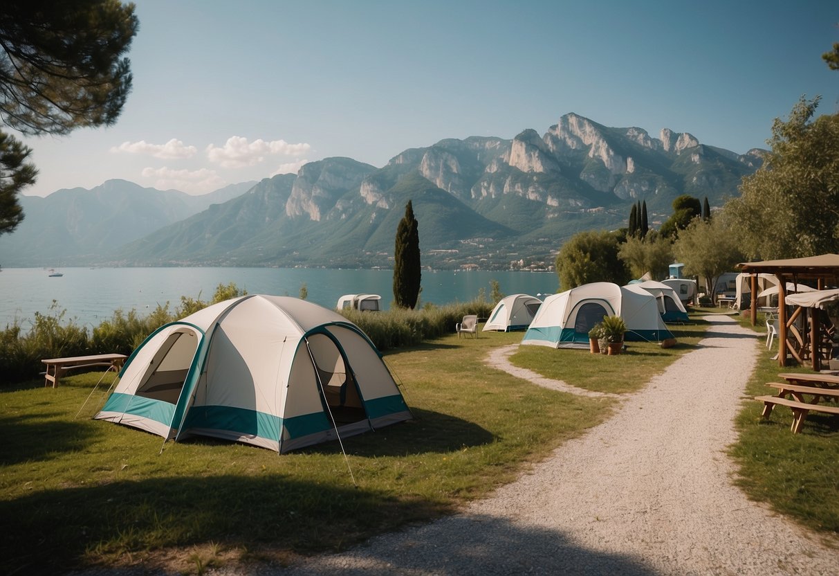 A serene campsite nestled in the lush surroundings of Toscolano on Lake Garda, with tents and caravans set against a backdrop of rolling hills and crystal-clear waters