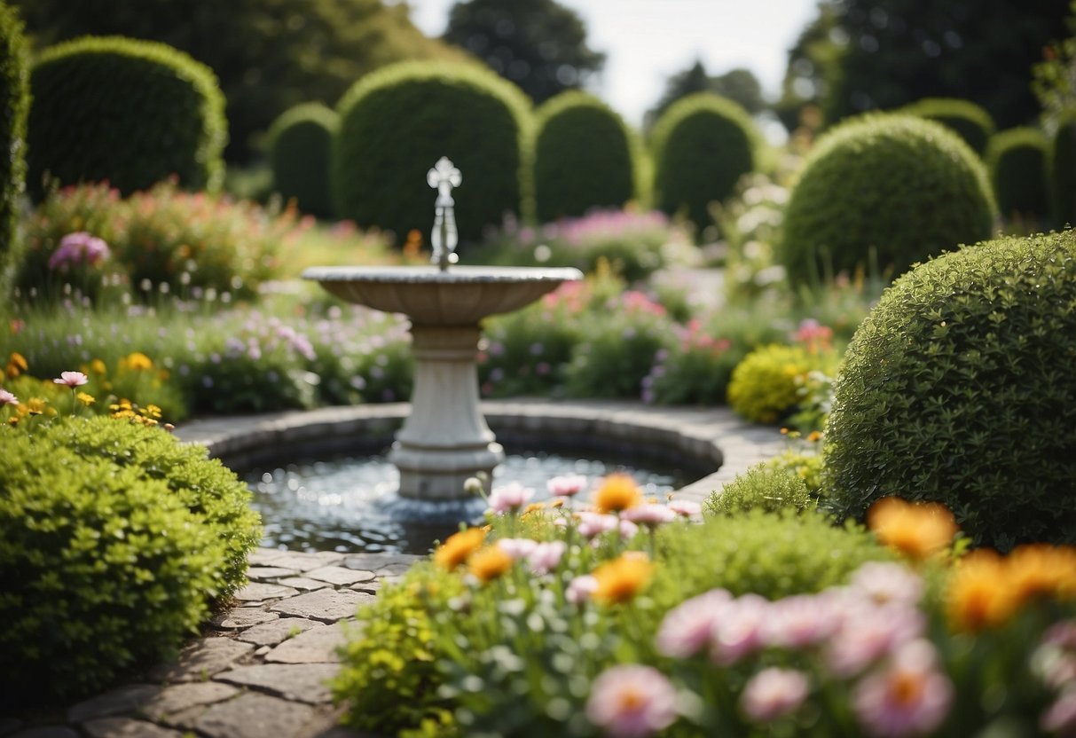 A lush English garden with neatly trimmed hedges, colorful flower beds, and a winding stone pathway. A small fountain adds a touch of tranquility to the serene landscape