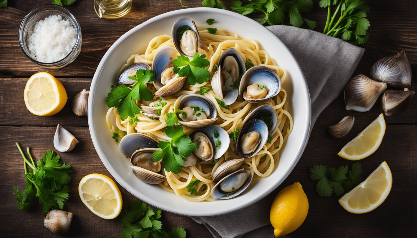 Linguine and clams in white wine sauce, steaming in a shallow bowl on a rustic wooden table. Lemon wedges and parsley garnish