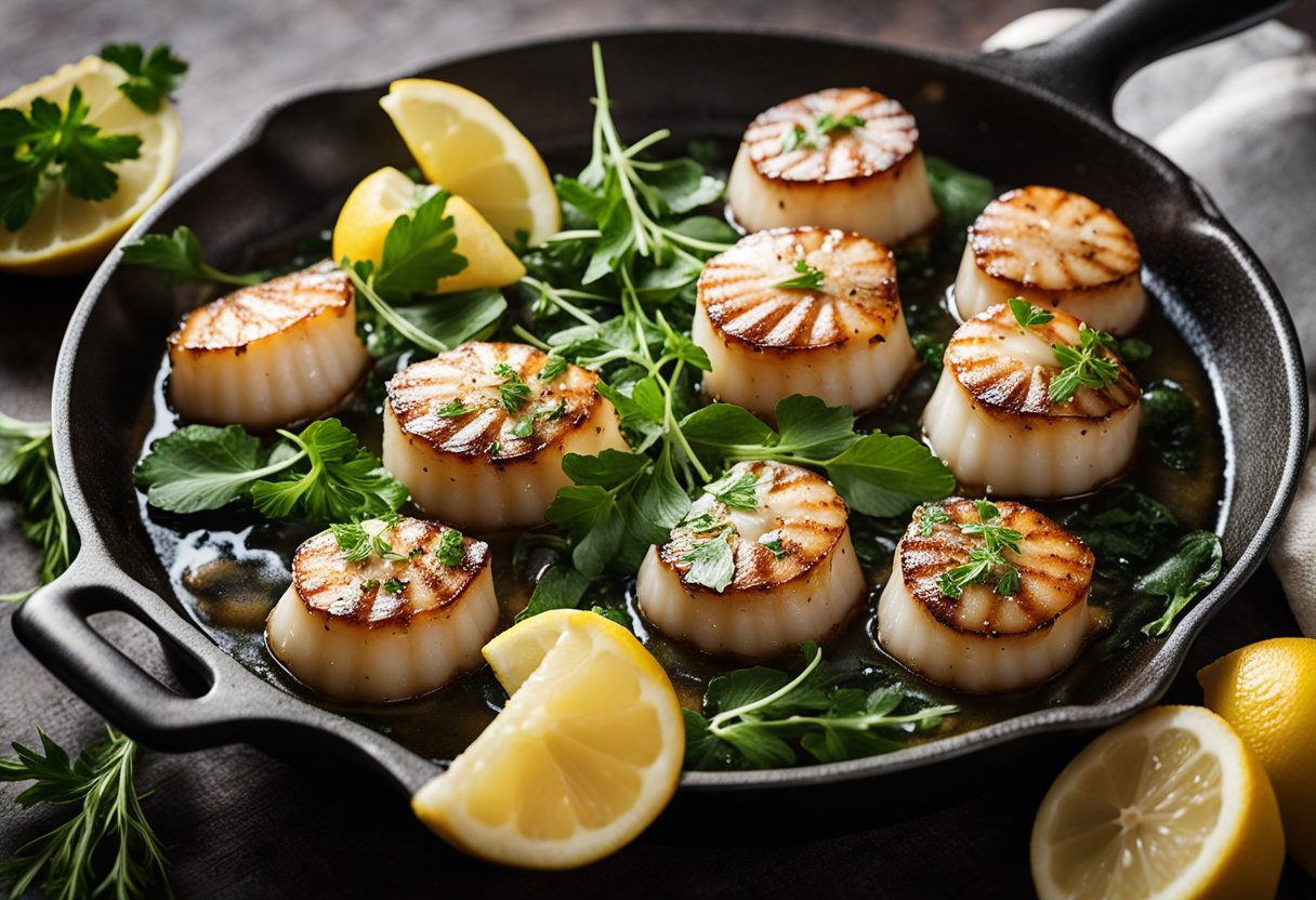 Scallops sizzling in a pan with bubbling lemon garlic butter sauce. Lemon wedges and fresh herbs nearby