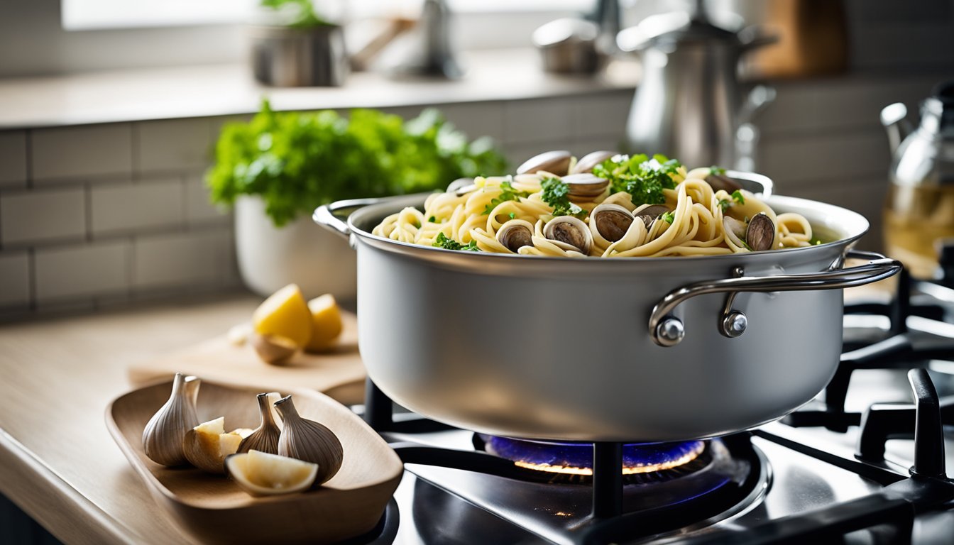 Linguine and clams in white wine sauce simmer in a large pot on the stove. Ingredients like garlic, parsley, and olive oil are arranged on the kitchen counter