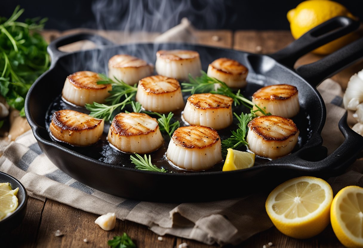 Scallops sizzling in a skillet with lemon, garlic, and butter, emitting a tantalizing aroma