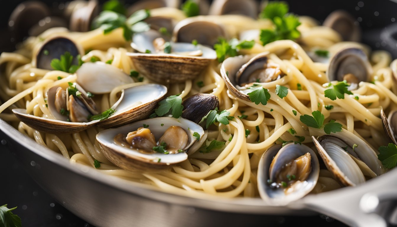 Linguine and clams in white wine sauce being cooked and served