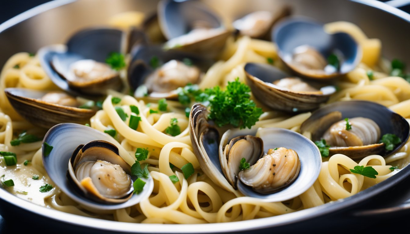 Linguine and clams in white wine sauce simmer in a large skillet on a stovetop. Steam rises from the pan as the pasta and shellfish cook together