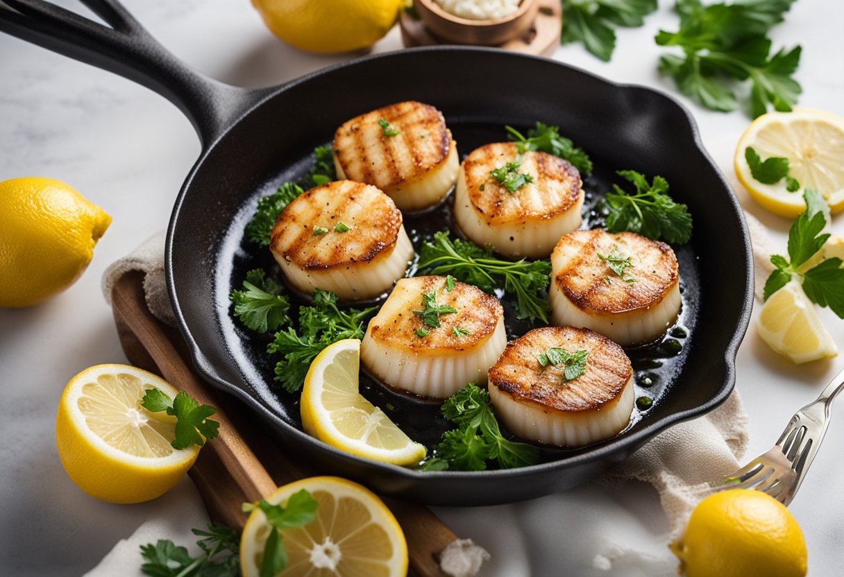 Lemon garlic butter scallops sizzling in a hot skillet, emitting a tantalizing aroma. A fork nearby, ready to dig in