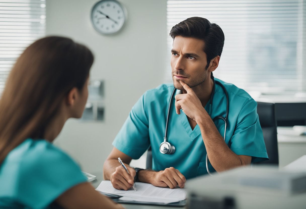A person sitting in a doctor's office, with a concerned look on their face, pointing to their ear. The doctor is listening attentively and taking notes