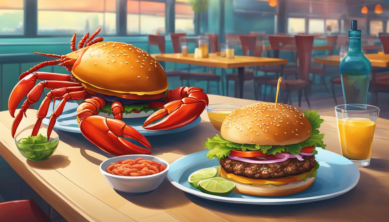 A juicy burger and a vibrant lobster sit on a plate in a lively restaurant setting