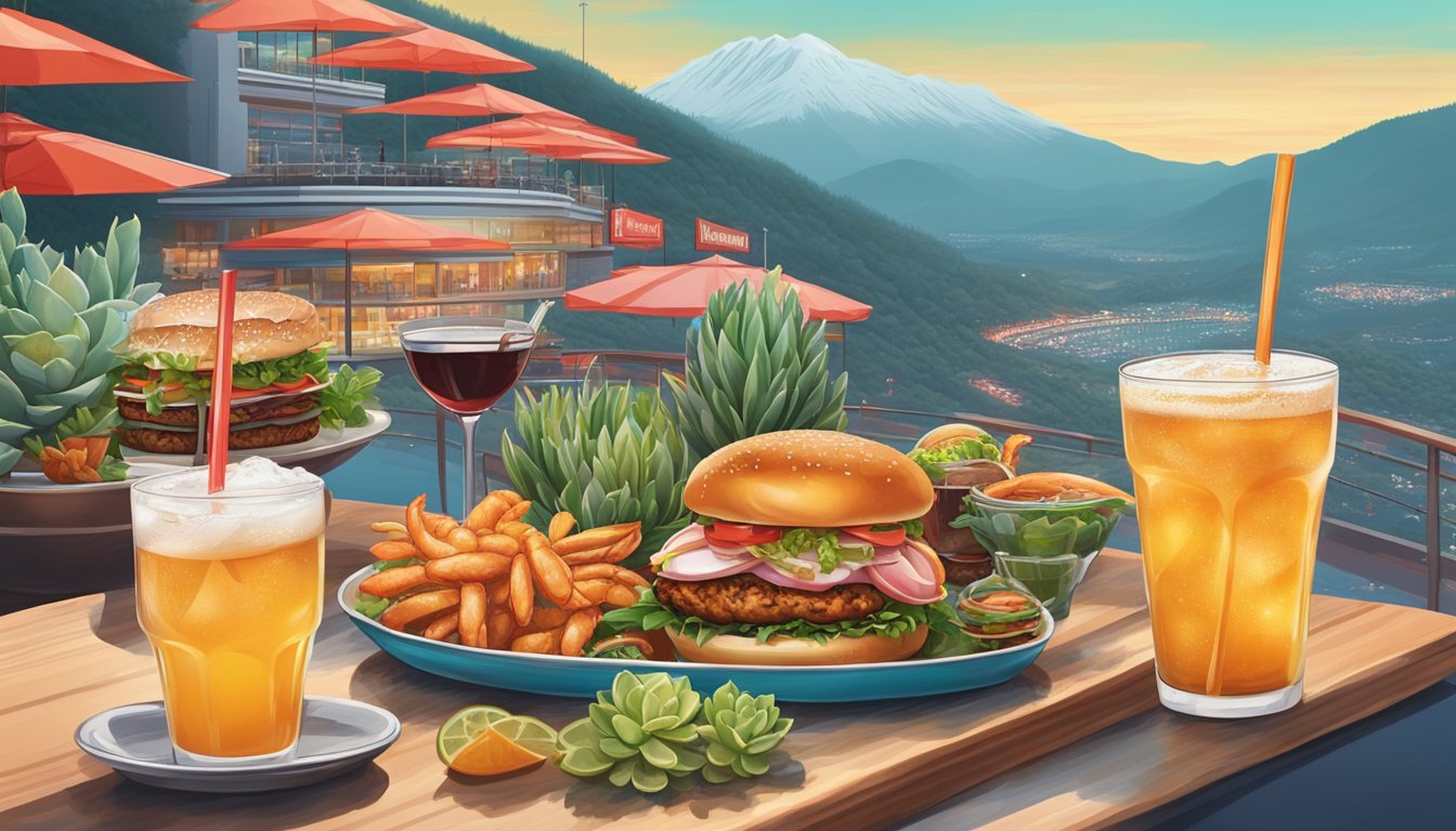 A platter with a succulent lobster and a juicy burger, surrounded by glasses of refreshing beverages, set against the backdrop of the bustling Genting Highlands