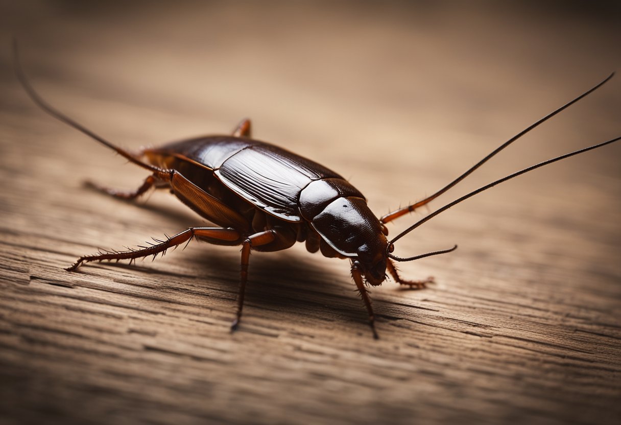 A cockroach scurries across a kitchen floor in a Sydney home. It has long antennae and six legs, with a shiny brown exoskeleton