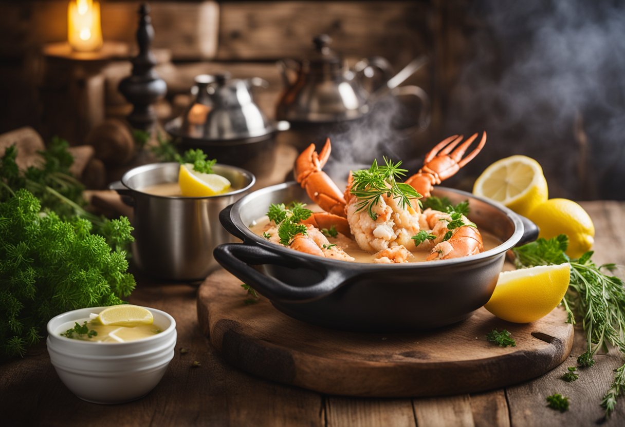 A steaming pot of lobster beurre blanc on a rustic wooden table, surrounded by fresh herbs and a squeeze of lemon